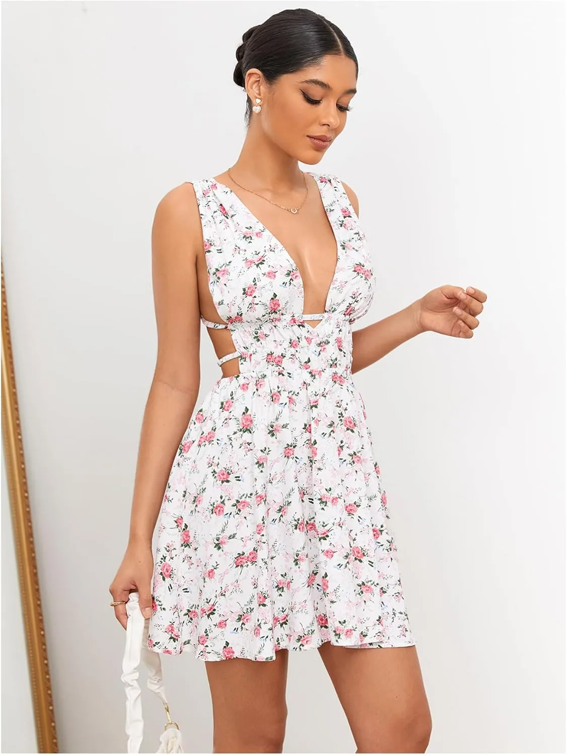 Floerns Women's Cut Out Backless Sleeveless Shirred Floral A Line Short Dress