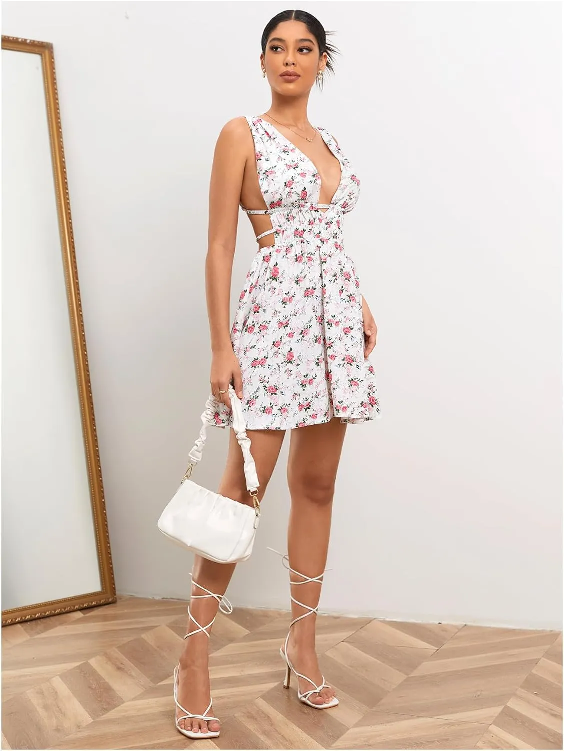 Floerns Women's Cut Out Backless Sleeveless Shirred Floral A Line Short Dress