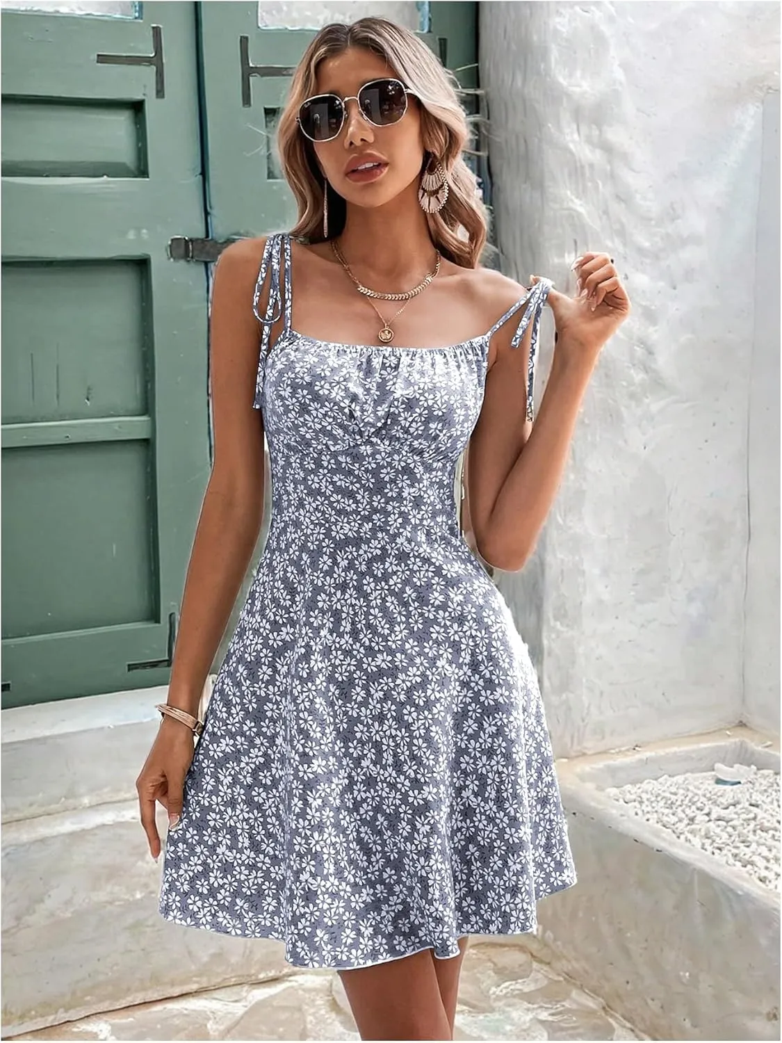 Floerns Women's Summer Floral Cherry Print A Line Short Cami Dress