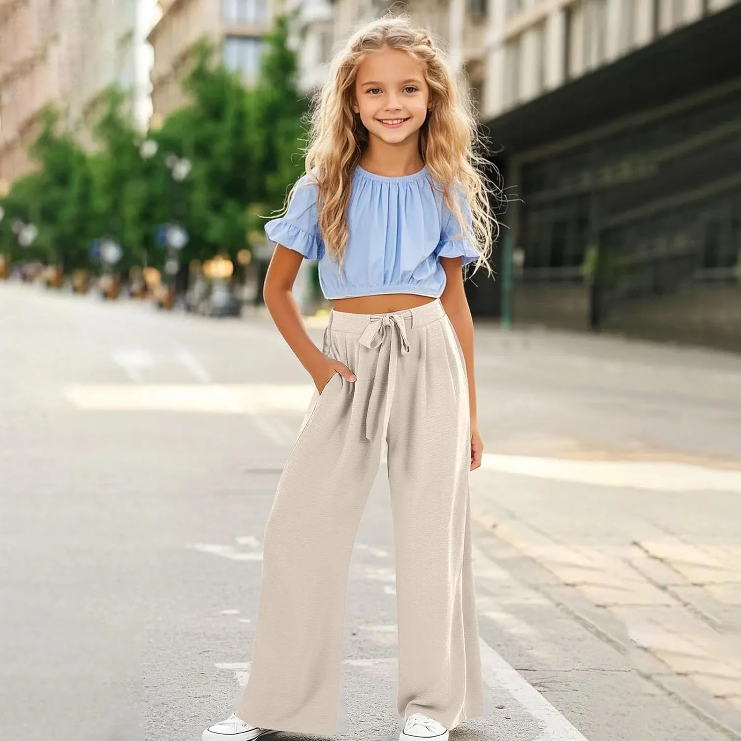 Girls Wide Leg Palazzo Pants Loose Lounges Summer High Waist Flowy Casual Trousers Beach Travel Vacation
