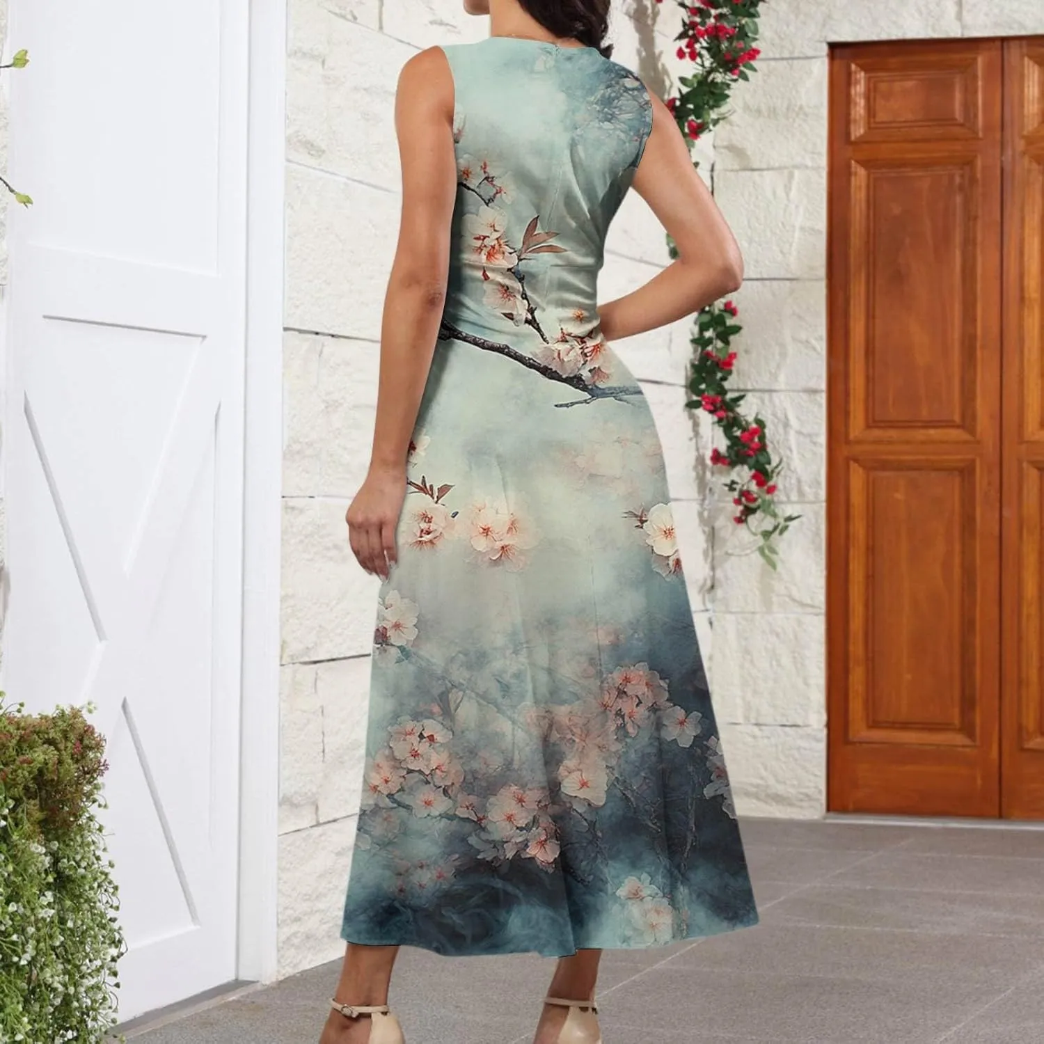 Hawaiian Dresses for Women Luau Party Summer Floral Sleeveless Sundress Sexy V Neck Cinched Waist Long Dress
