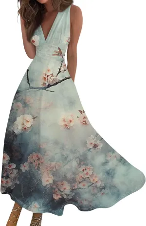 Hawaiian Dresses for Women Luau Party Summer Floral Sleeveless Sundress Sexy V Neck Cinched Waist Long Dress