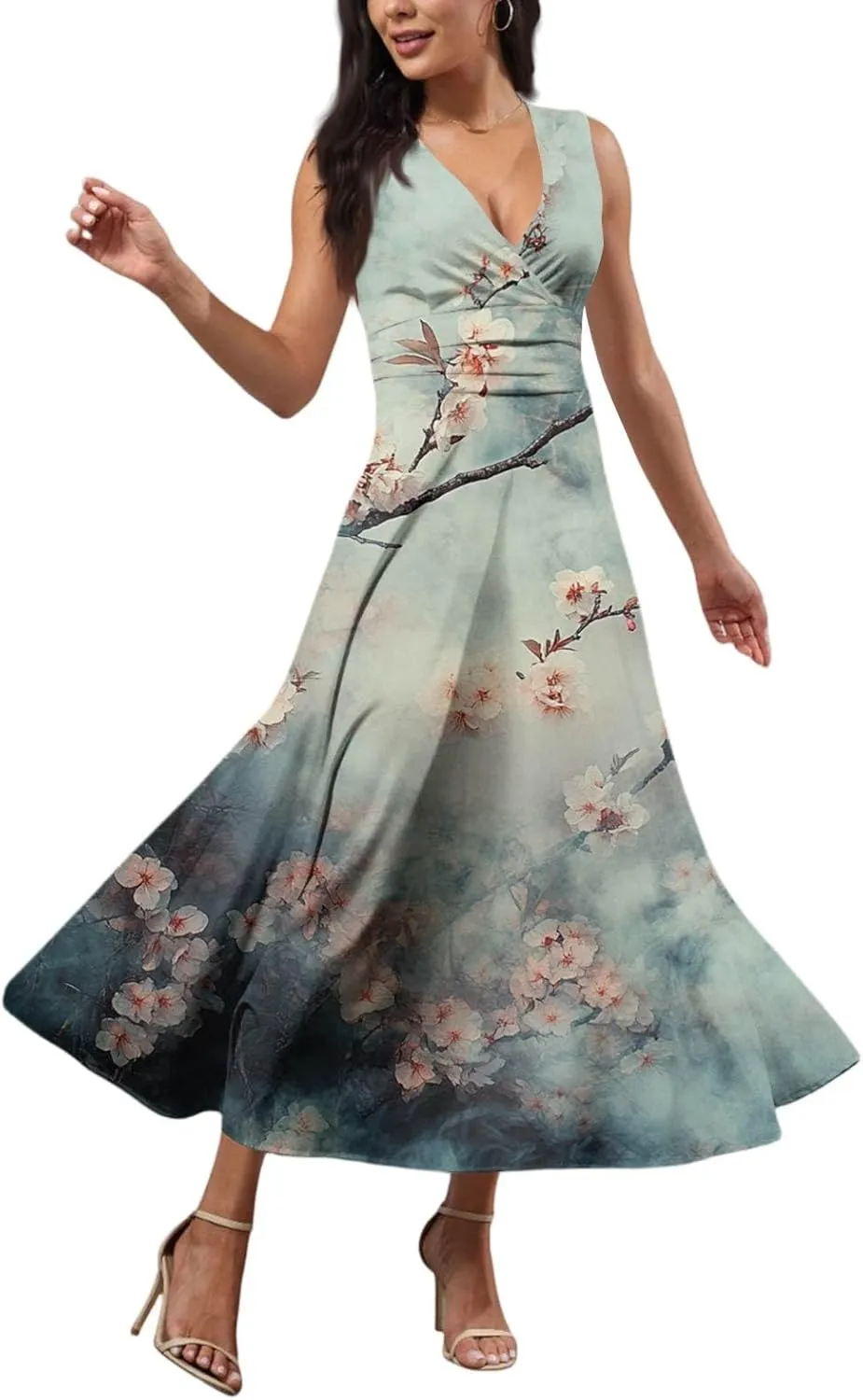 Hawaiian Dresses for Women Luau Party Summer Floral Sleeveless Sundress Sexy V Neck Cinched Waist Long Dress