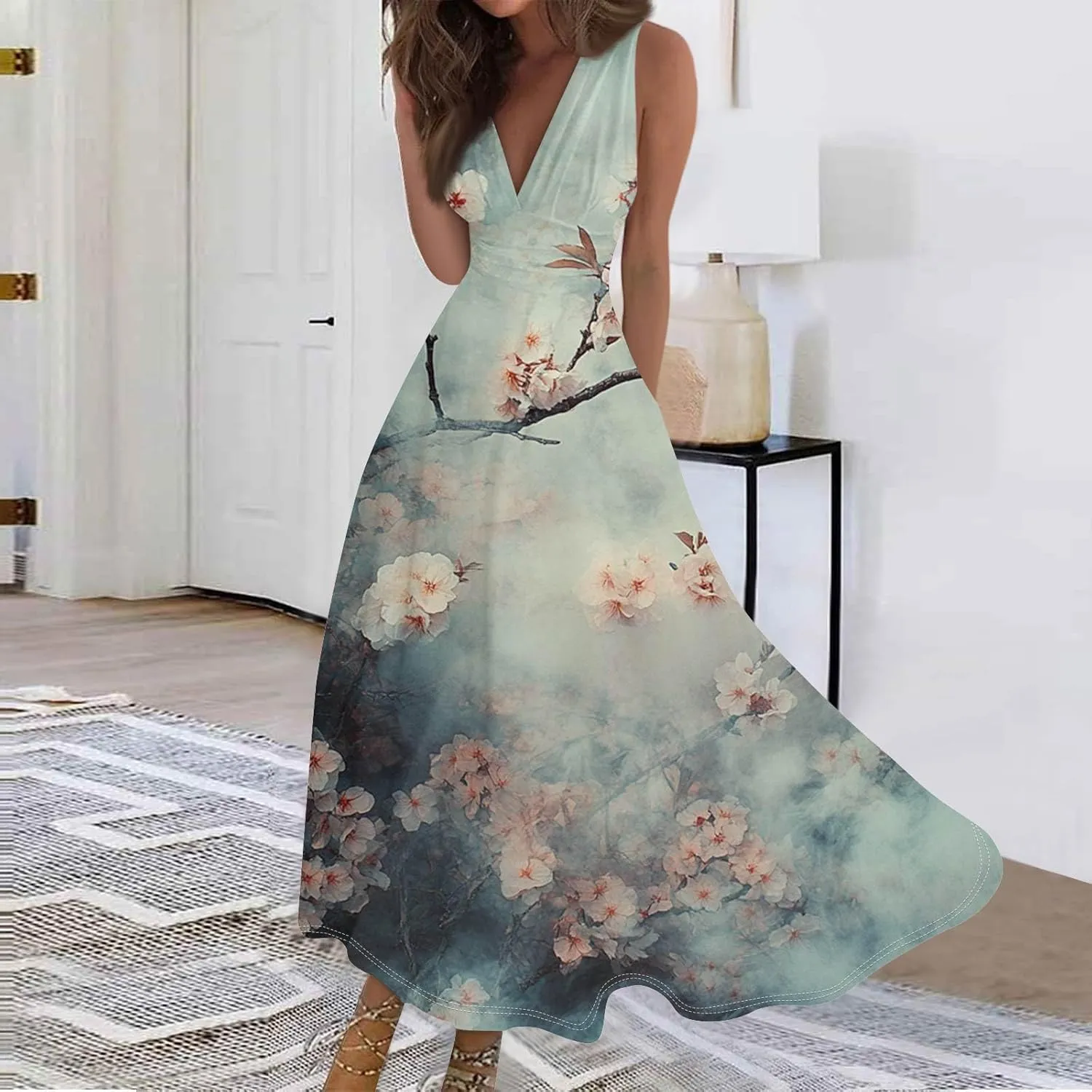 Hawaiian Dresses for Women Luau Party Summer Floral Sleeveless Sundress Sexy V Neck Cinched Waist Long Dress