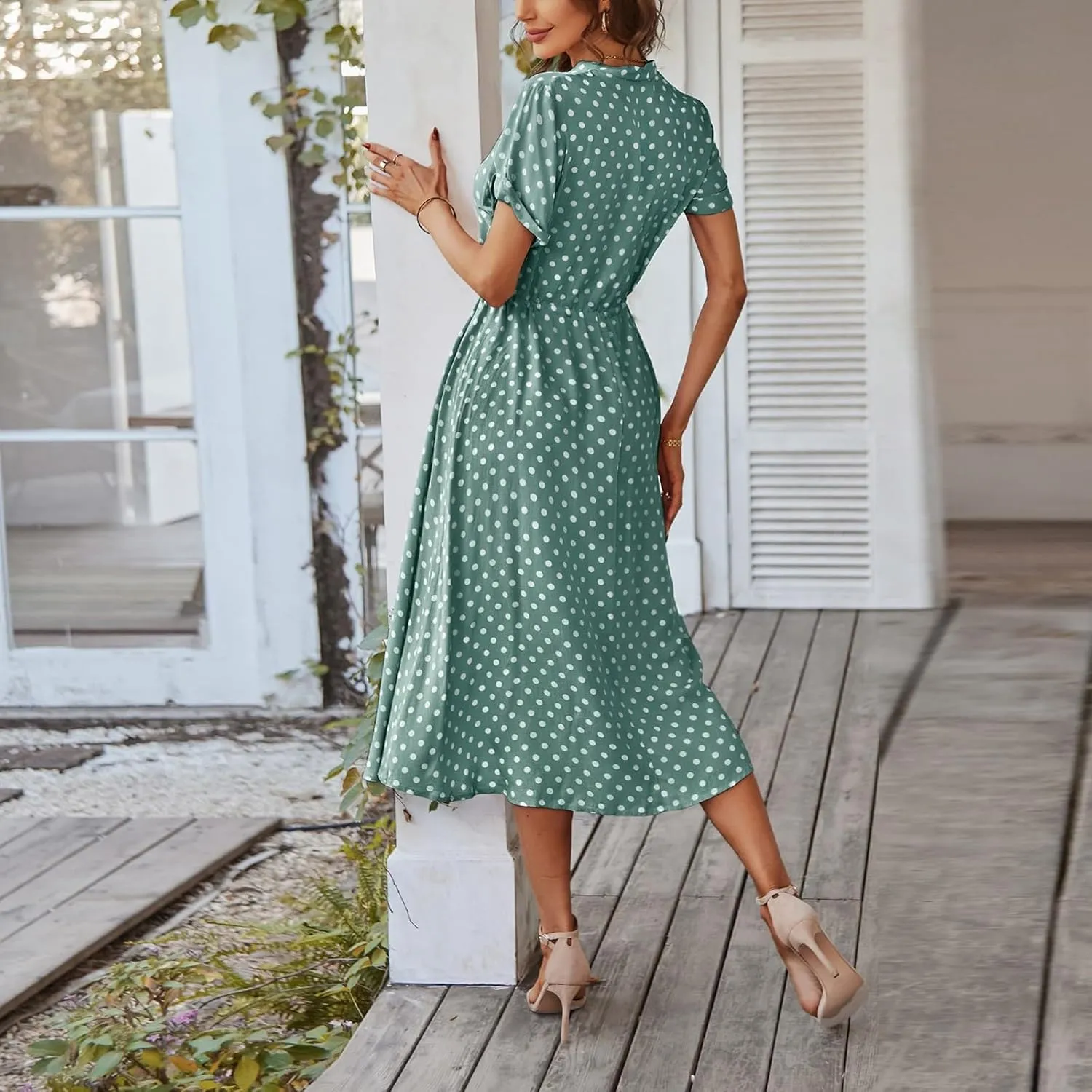 Kenvina Women Button Front Drawstring High Waist Short Sleeve A Line Midi Dress Polka Dot Tie Waist Wrap Business Dress