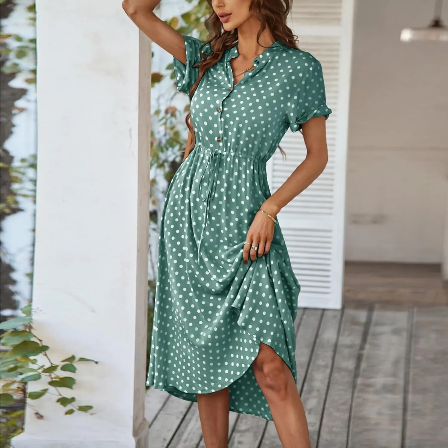 Kenvina Women Button Front Drawstring High Waist Short Sleeve A Line Midi Dress Polka Dot Tie Waist Wrap Business Dress