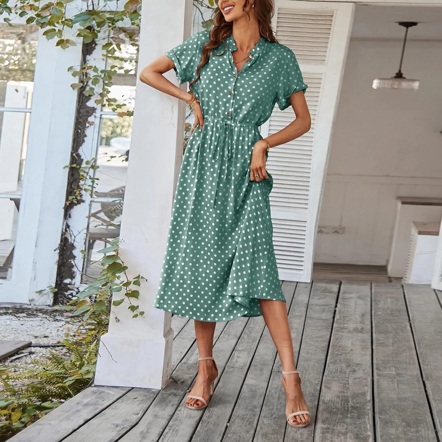 Kenvina Women Button Front Drawstring High Waist Short Sleeve A Line Midi Dress Polka Dot Tie Waist Wrap Business Dress