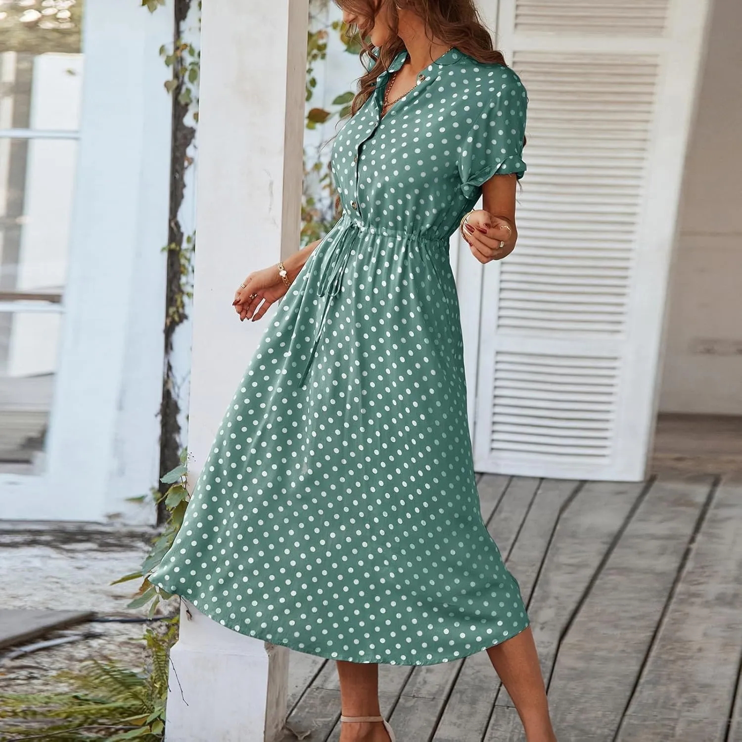 Kenvina Women Button Front Drawstring High Waist Short Sleeve A Line Midi Dress Polka Dot Tie Waist Wrap Business Dress