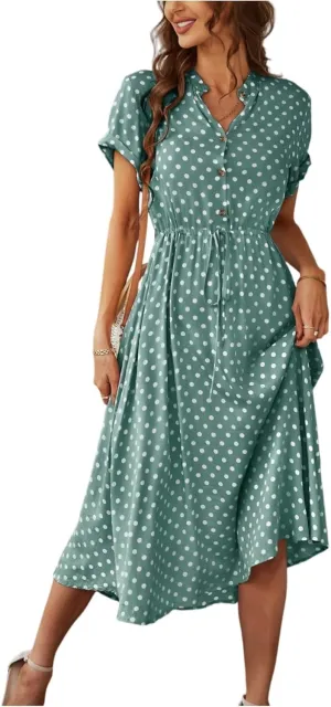 Kenvina Women Button Front Drawstring High Waist Short Sleeve A Line Midi Dress Polka Dot Tie Waist Wrap Business Dress