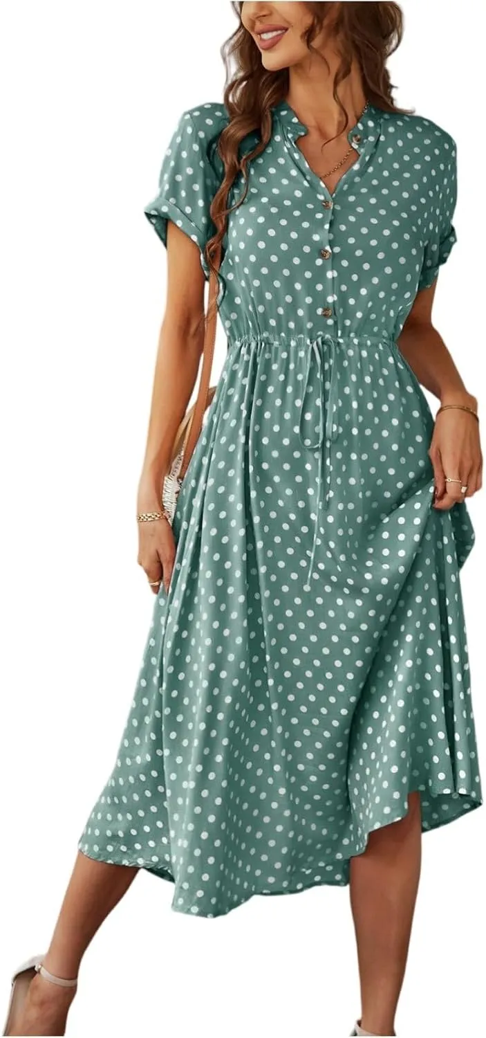 Kenvina Women Button Front Drawstring High Waist Short Sleeve A Line Midi Dress Polka Dot Tie Waist Wrap Business Dress