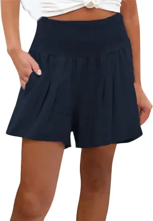 Linen Shorts for Women 2025 Summer Casual Dressy Smocked High Waisted Comfy Beach Vacation Comfy Shorts with Pocket