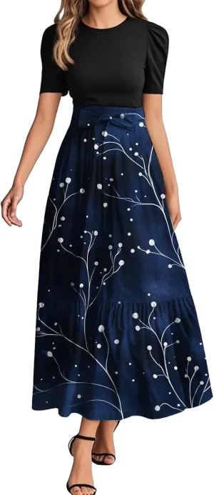 Long Floral Dresses for Women 2025 Elegant Tie Belted Patchwork Dress Empire Waist Short Sleeve Flowy Maxi Dress