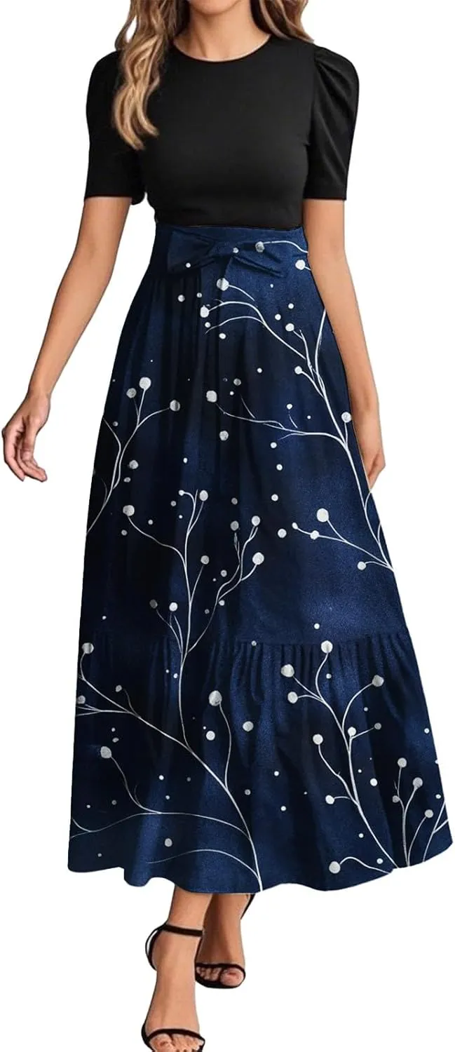 Long Floral Dresses for Women 2025 Elegant Tie Belted Patchwork Dress Empire Waist Short Sleeve Flowy Maxi Dress