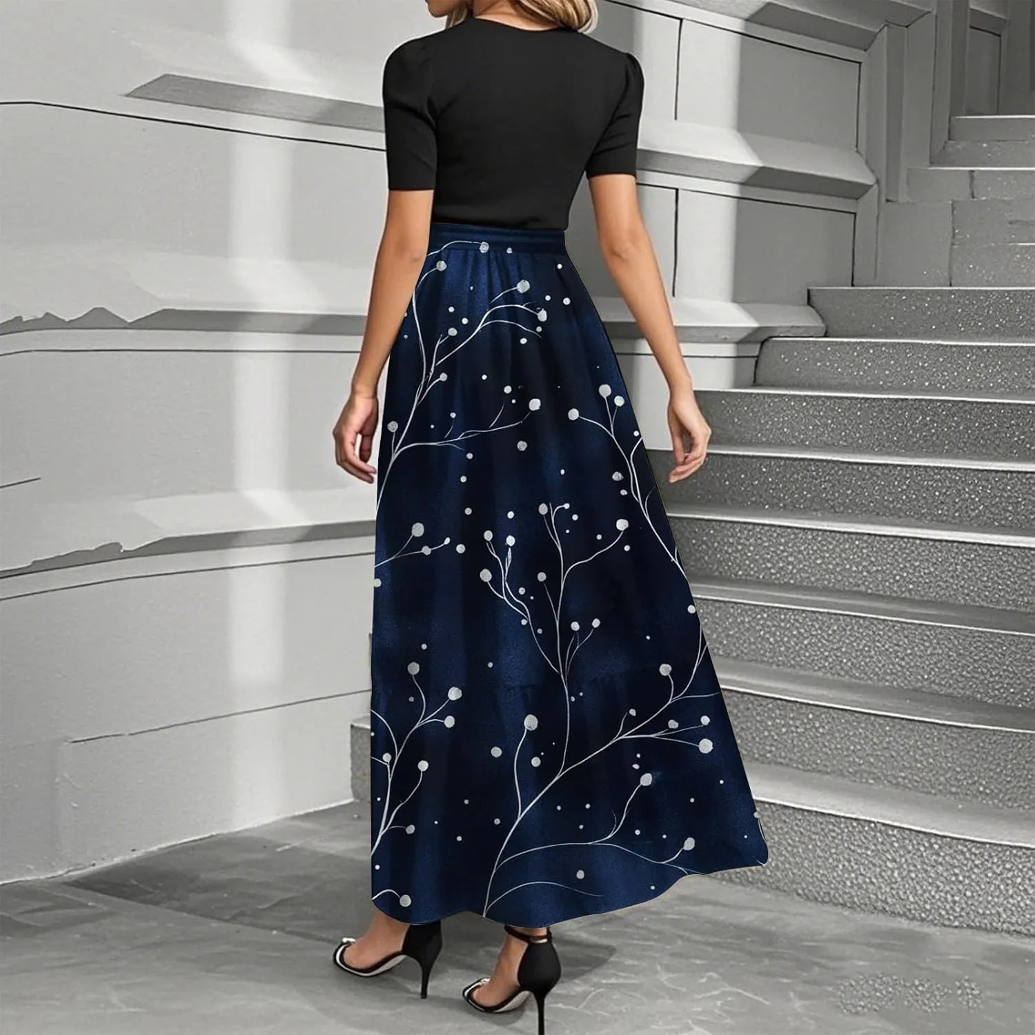 Long Floral Dresses for Women 2025 Elegant Tie Belted Patchwork Dress Empire Waist Short Sleeve Flowy Maxi Dress