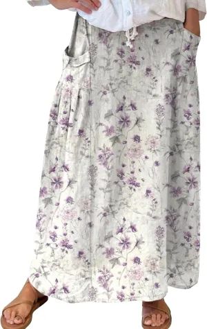 Maxi Skirts for Women Floral Print Elastic Waist Bohemian Hippie Long Skirt Vintage Boho Beach Skirts with Pockets