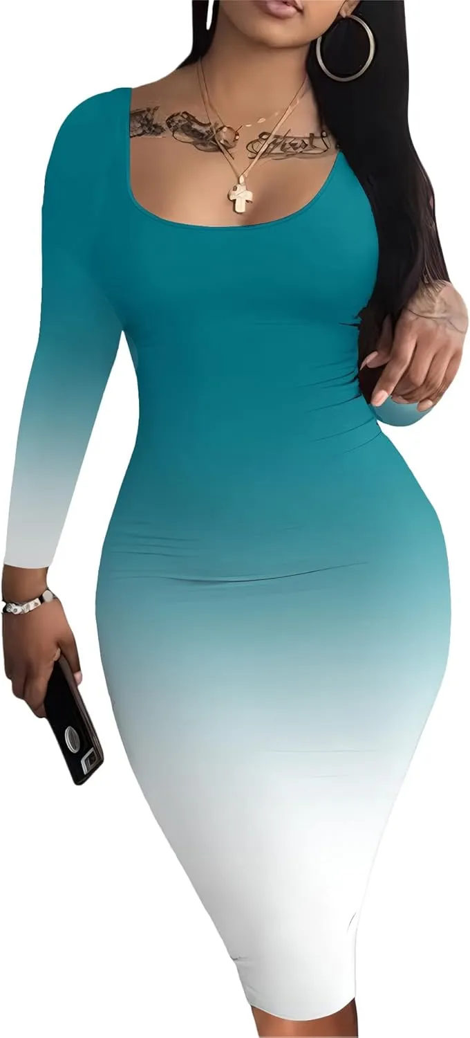 Nimsruc Womens Autumn Casual Sexy Long Sleeves Bodycon Dress Basic Pencil Midi Club Dresses