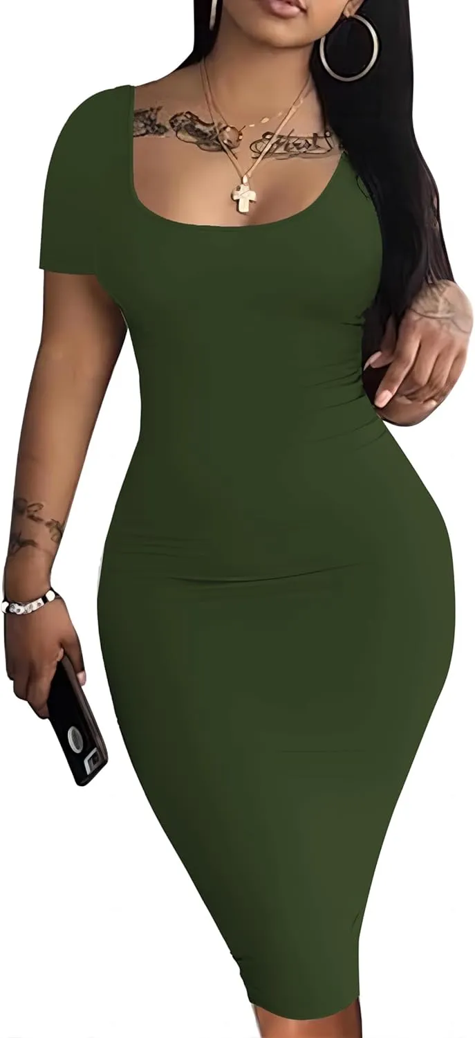Nimsruc Womens Summer Casual Sexy Short Sleeve Bodycon Dress Basic Pencil Midi Club Dresses