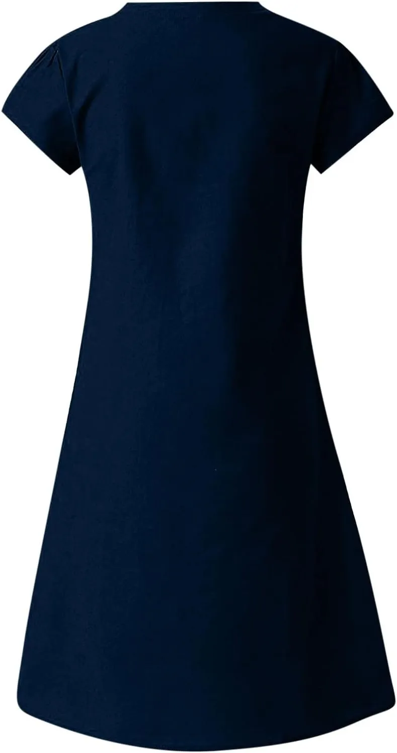 Oversize Women's Cotton Linen Midi Dresses Summer Solid Color Short Sleeve V-Neck Shirt Dresses Plus Size Beach Dress