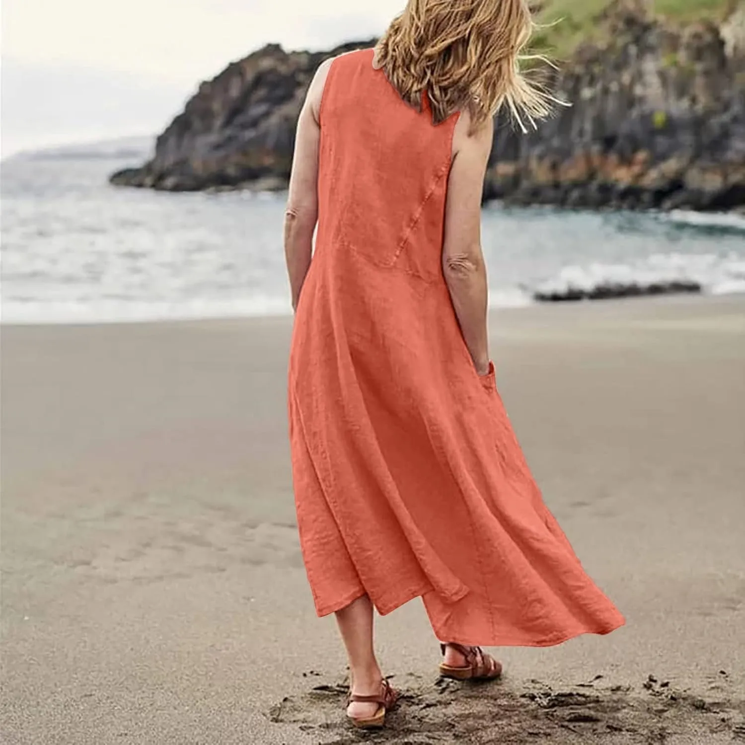 Plus Size Cotton Linen Summer Dresses for Curvy Women 2025 Sleeveless Maxi Vacation Beach Sundresses with Pockets