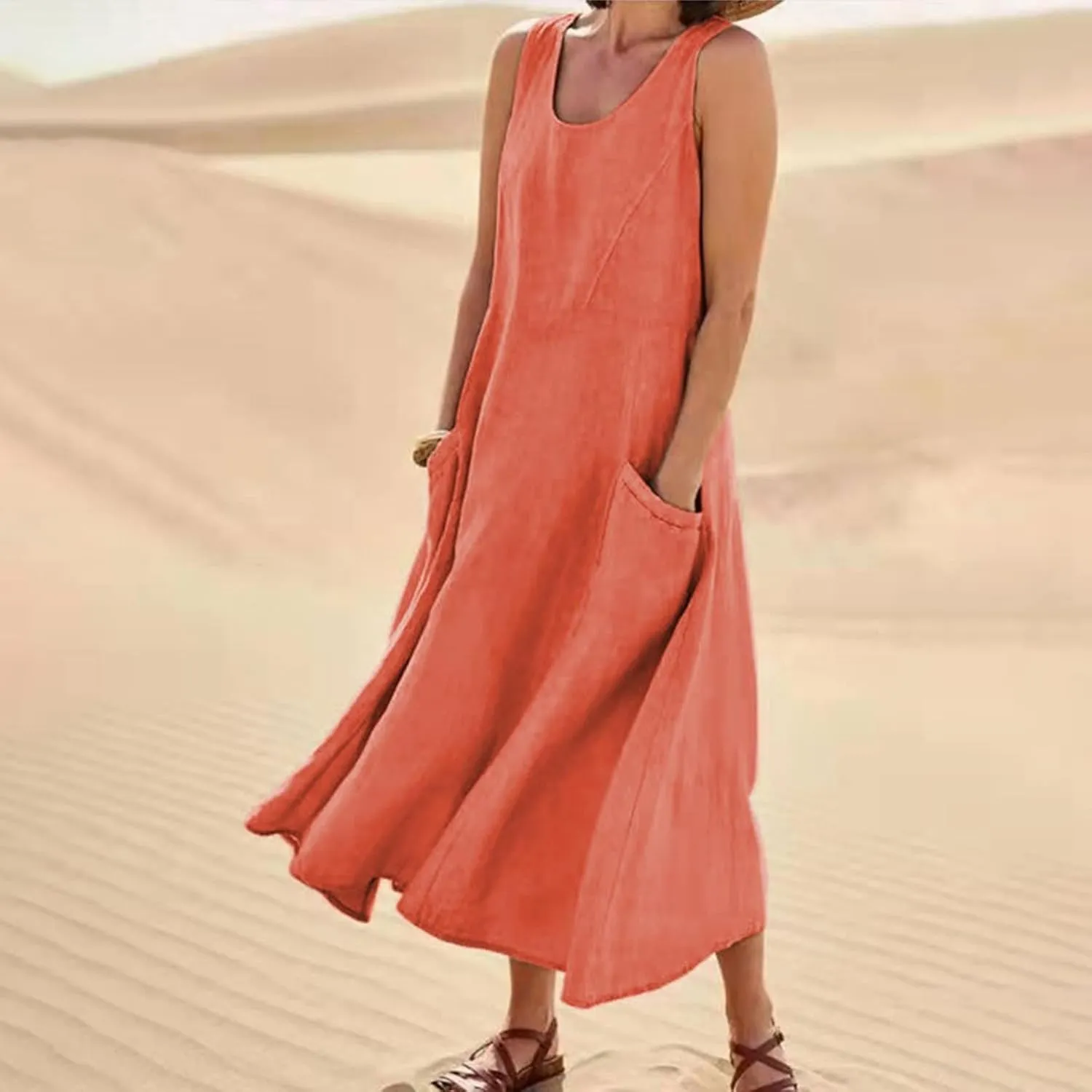 Plus Size Cotton Linen Summer Dresses for Curvy Women 2025 Sleeveless Maxi Vacation Beach Sundresses with Pockets