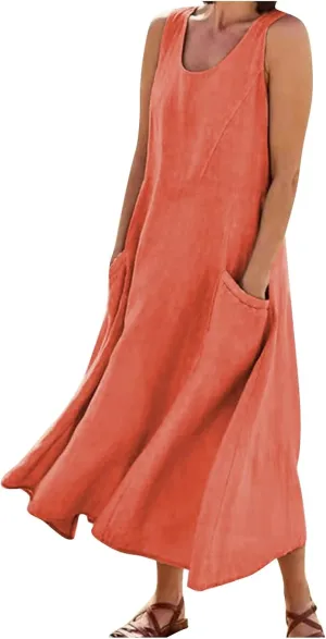 Plus Size Cotton Linen Summer Dresses for Curvy Women 2025 Sleeveless Maxi Vacation Beach Sundresses with Pockets
