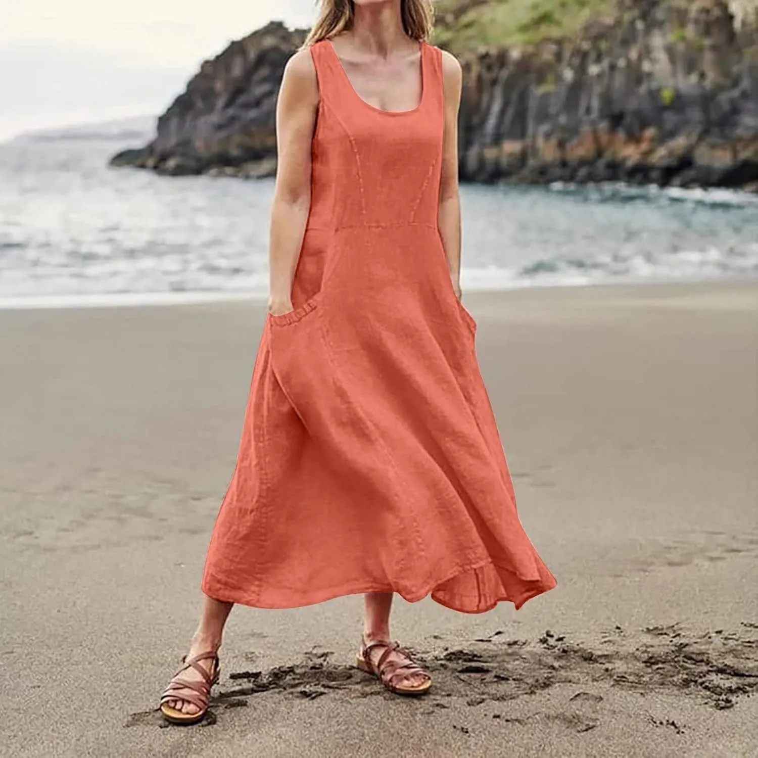 Plus Size Cotton Linen Summer Dresses for Curvy Women 2025 Sleeveless Maxi Vacation Beach Sundresses with Pockets