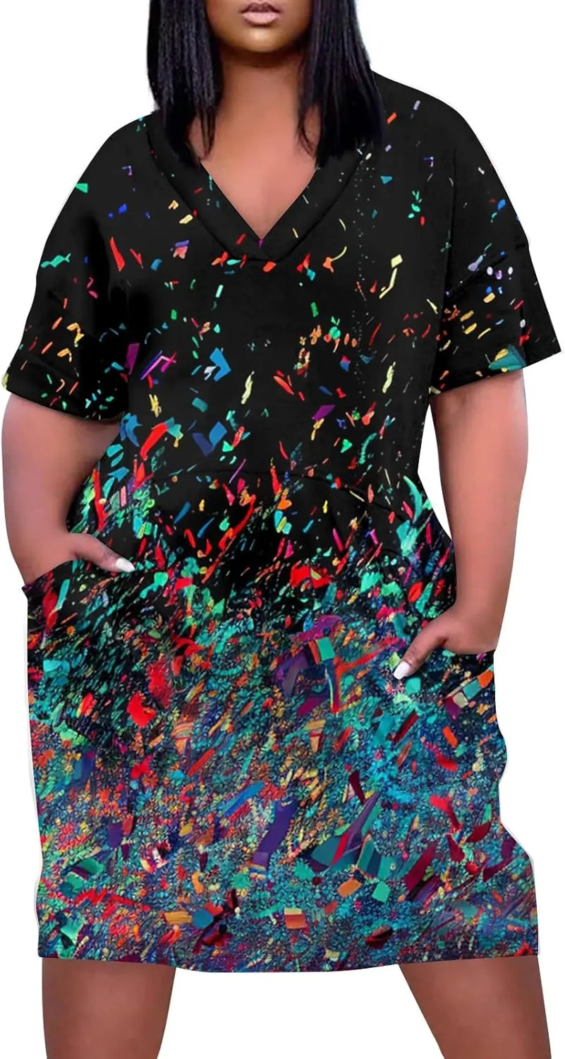 Plus Size Dresses for Curvy Women 2024 Summer Casual Short Sleeve Tshirt Midi Dress with Pockets Beach Vacation Dress