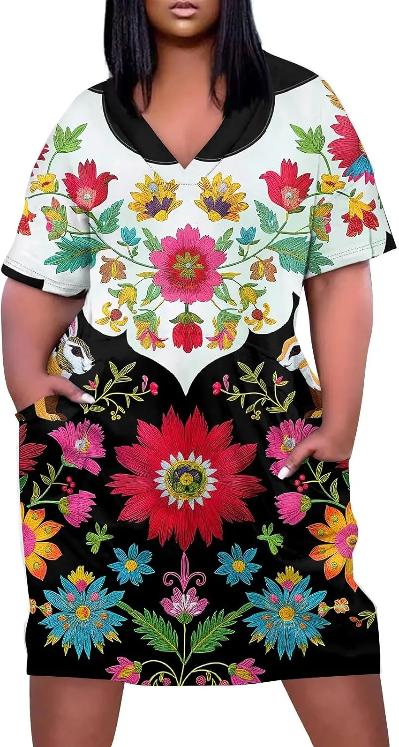 Plus Size Dresses for Curvy Women 2024 Summer Casual Short Sleeve Tshirt Midi Dress with Pockets Beach Vacation Dress