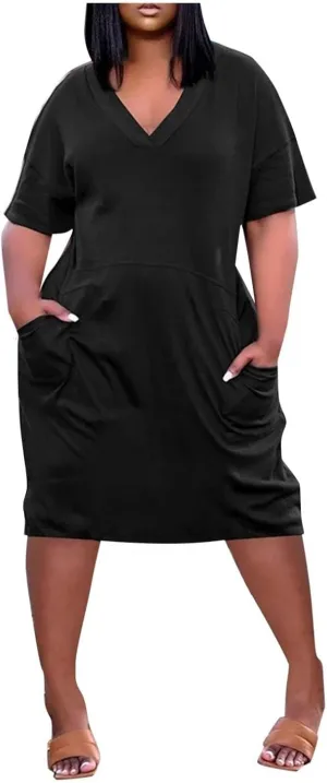 Plus Size Dresses for Curvy Women 2024 Summer Casual Short Sleeve Tshirt Midi Dress with Pockets Beach Vacation Dress