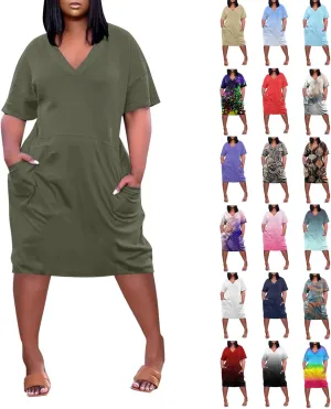 Plus Size Dresses for Curvy Women 2024 Summer Casual Short Sleeve Tshirt Midi Dress with Pockets Beach Vacation Dress