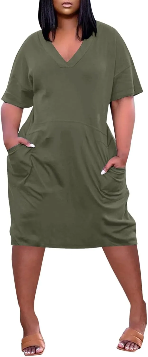 Plus Size Dresses for Curvy Women 2024 Summer Casual Short Sleeve Tshirt Midi Dress with Pockets Beach Vacation Dress