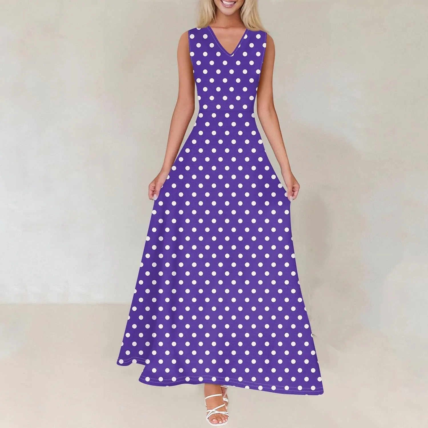 Polka Dot Dress for Women V Neck Sleeveless Aline Flowy Ruffle Long Sun Dress,S-2XL