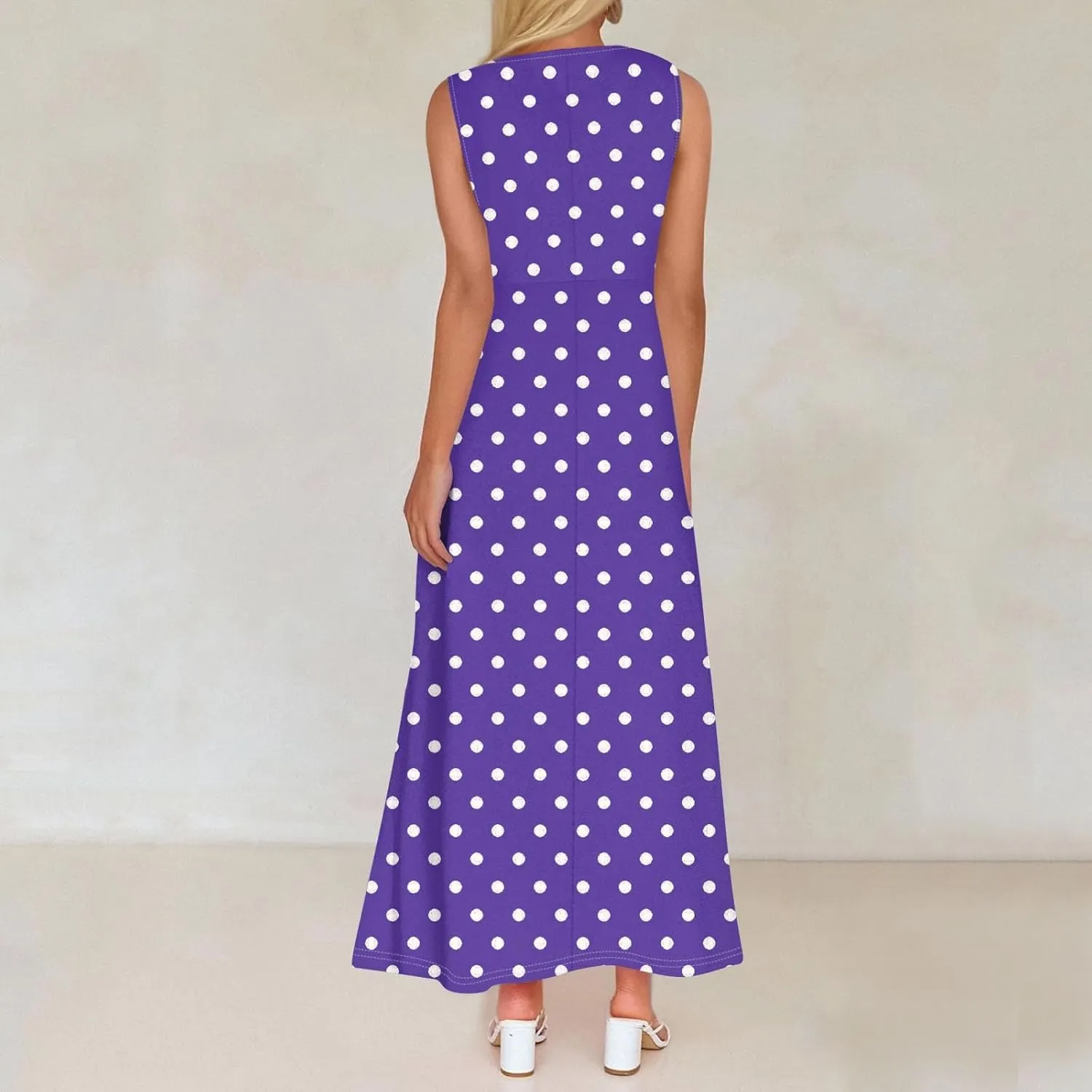 Polka Dot Dress for Women V Neck Sleeveless Aline Flowy Ruffle Long Sun Dress,S-2XL