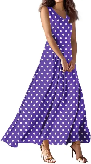 Polka Dot Dress for Women V Neck Sleeveless Aline Flowy Ruffle Long Sun Dress,S-2XL