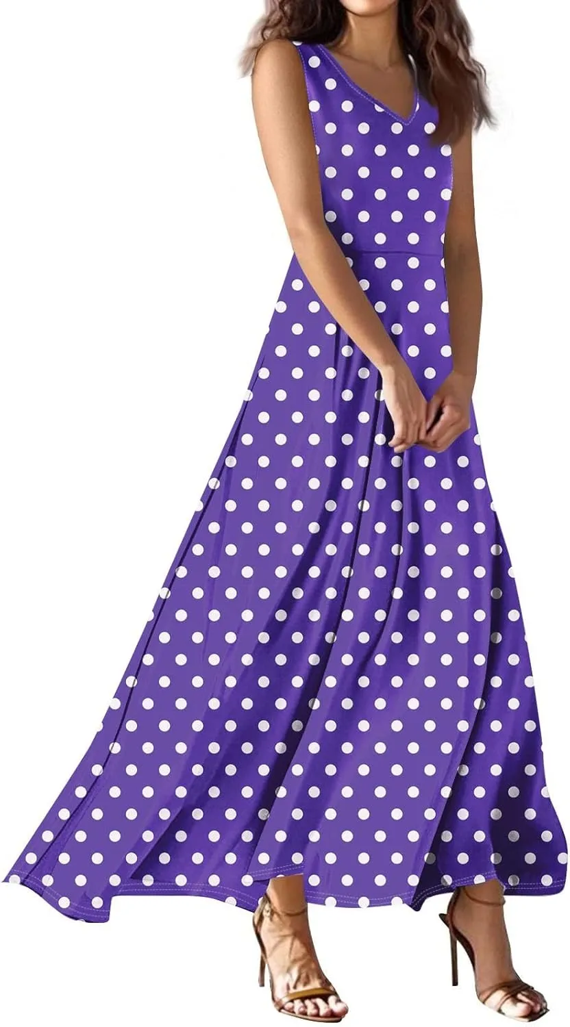 Polka Dot Dress for Women V Neck Sleeveless Aline Flowy Ruffle Long Sun Dress,S-2XL