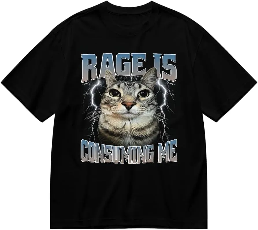 Rage is Consuming Me Funny Silly Staring Cat Meme T-Shirt with a Round Neck and Short Sleeves Black a