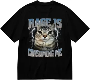 Rage is Consuming Me Funny Silly Staring Cat Meme T-Shirt with a Round Neck and Short Sleeves Black a