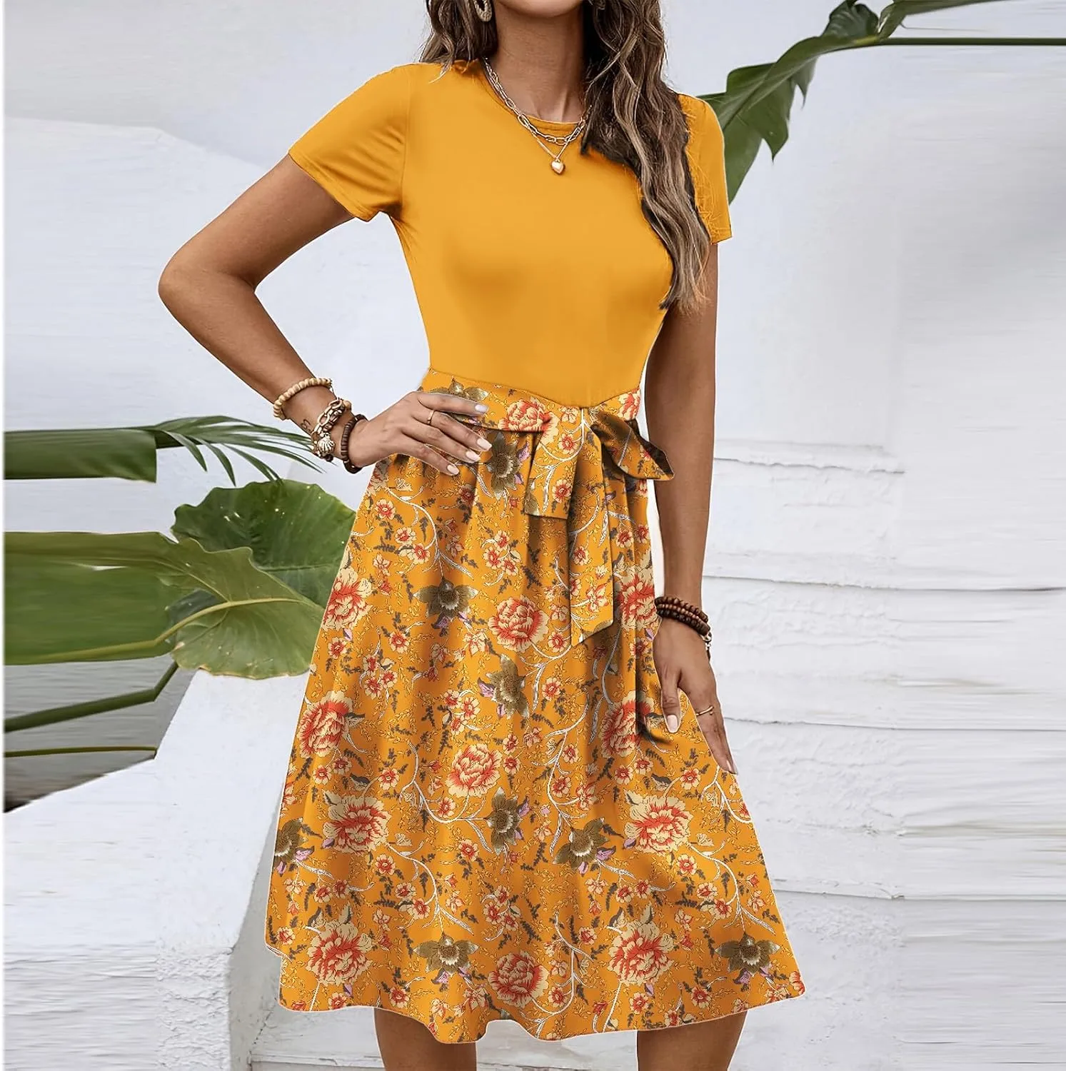 Short Sleeve Dress for Women Empire Waist Summer Floral Dresses Flowy Crewneck Midi Length Belted Women's Sundresses