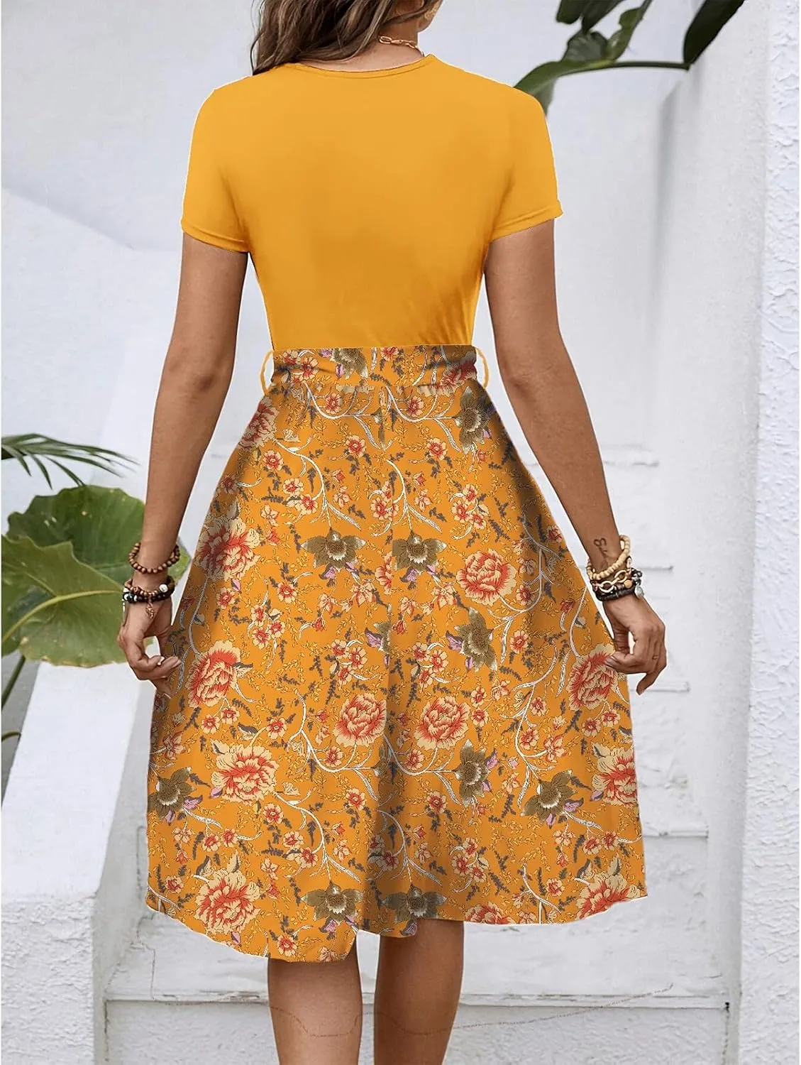Short Sleeve Dress for Women Empire Waist Summer Floral Dresses Flowy Crewneck Midi Length Belted Women's Sundresses