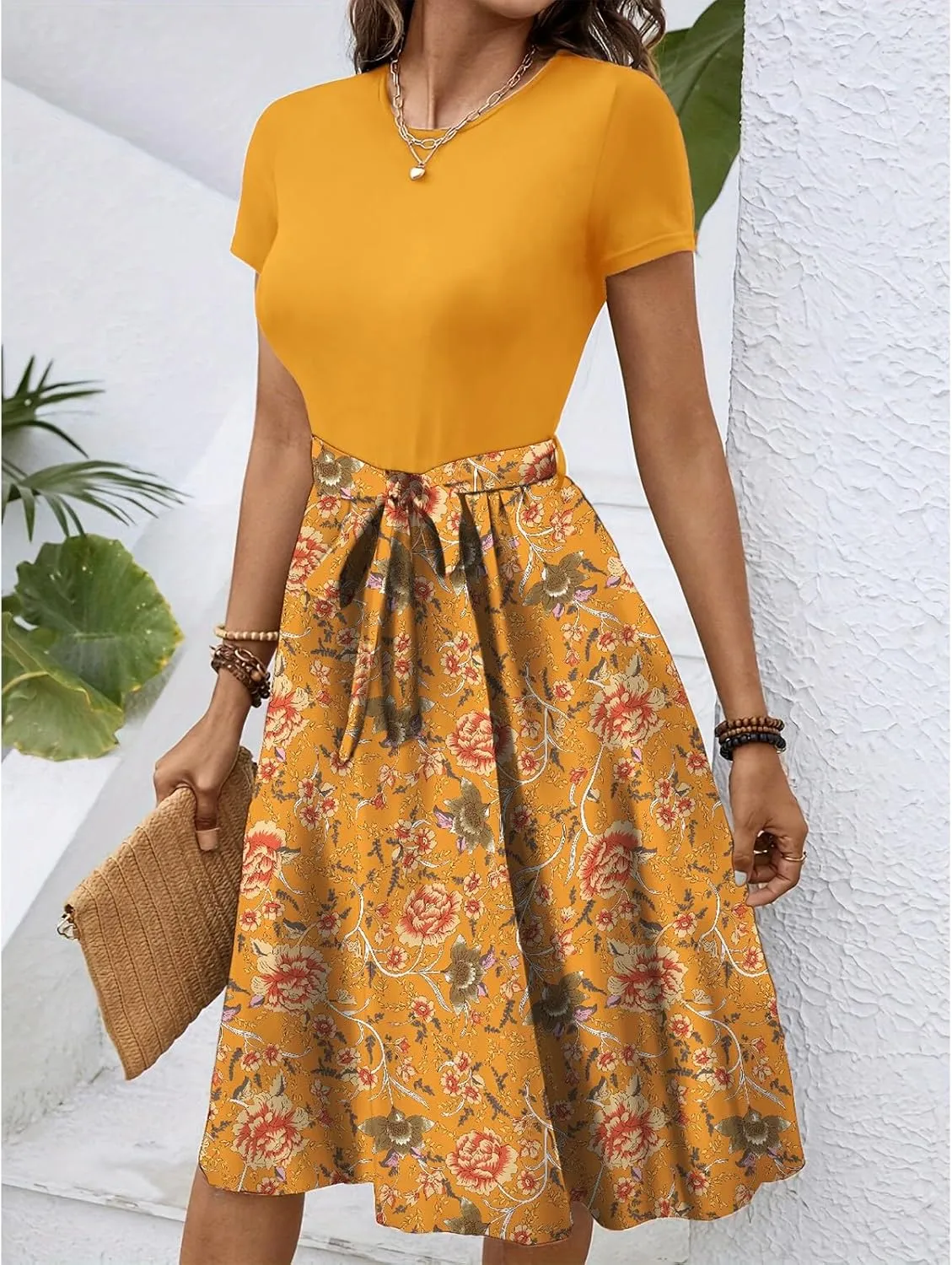 Short Sleeve Dress for Women Empire Waist Summer Floral Dresses Flowy Crewneck Midi Length Belted Women's Sundresses