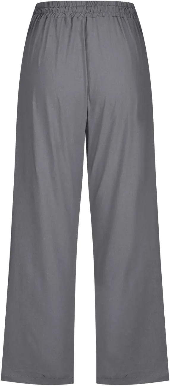 SMIDOW Capri Pants for Women Casual 2025 Summer Drawstring Elastic High Waist Linen Pant Straight Wide Leg Cropped Trouser