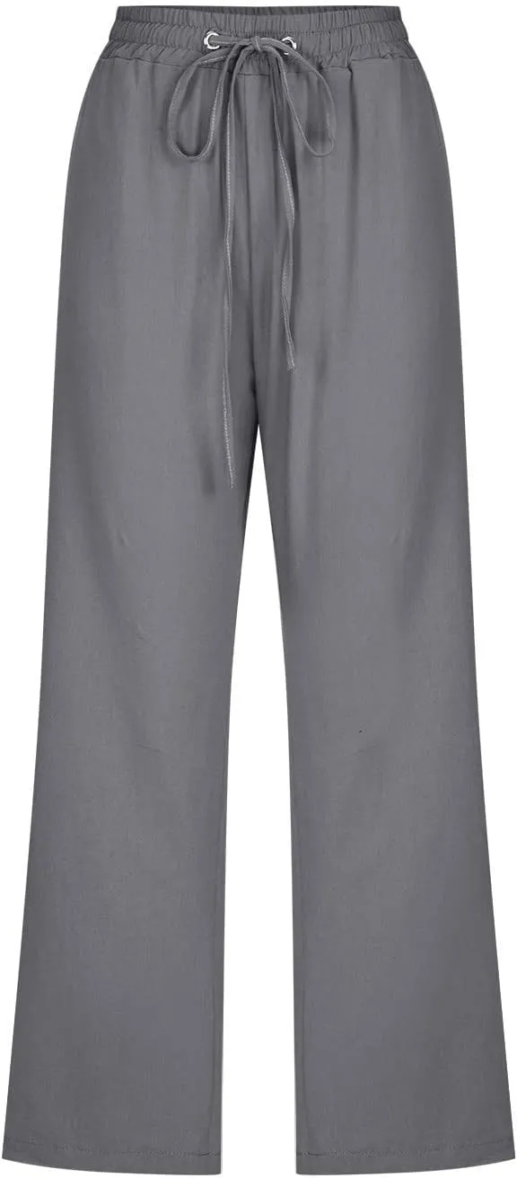 SMIDOW Capri Pants for Women Casual 2025 Summer Drawstring Elastic High Waist Linen Pant Straight Wide Leg Cropped Trouser