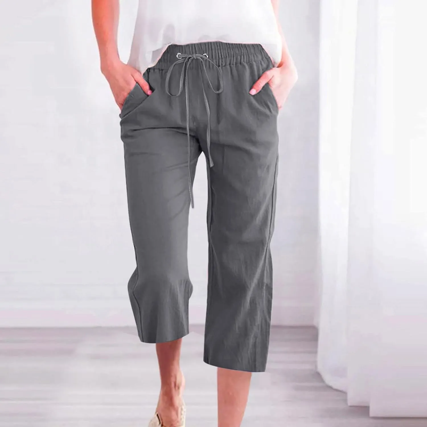 SMIDOW Capri Pants for Women Casual 2025 Summer Drawstring Elastic High Waist Linen Pant Straight Wide Leg Cropped Trouser