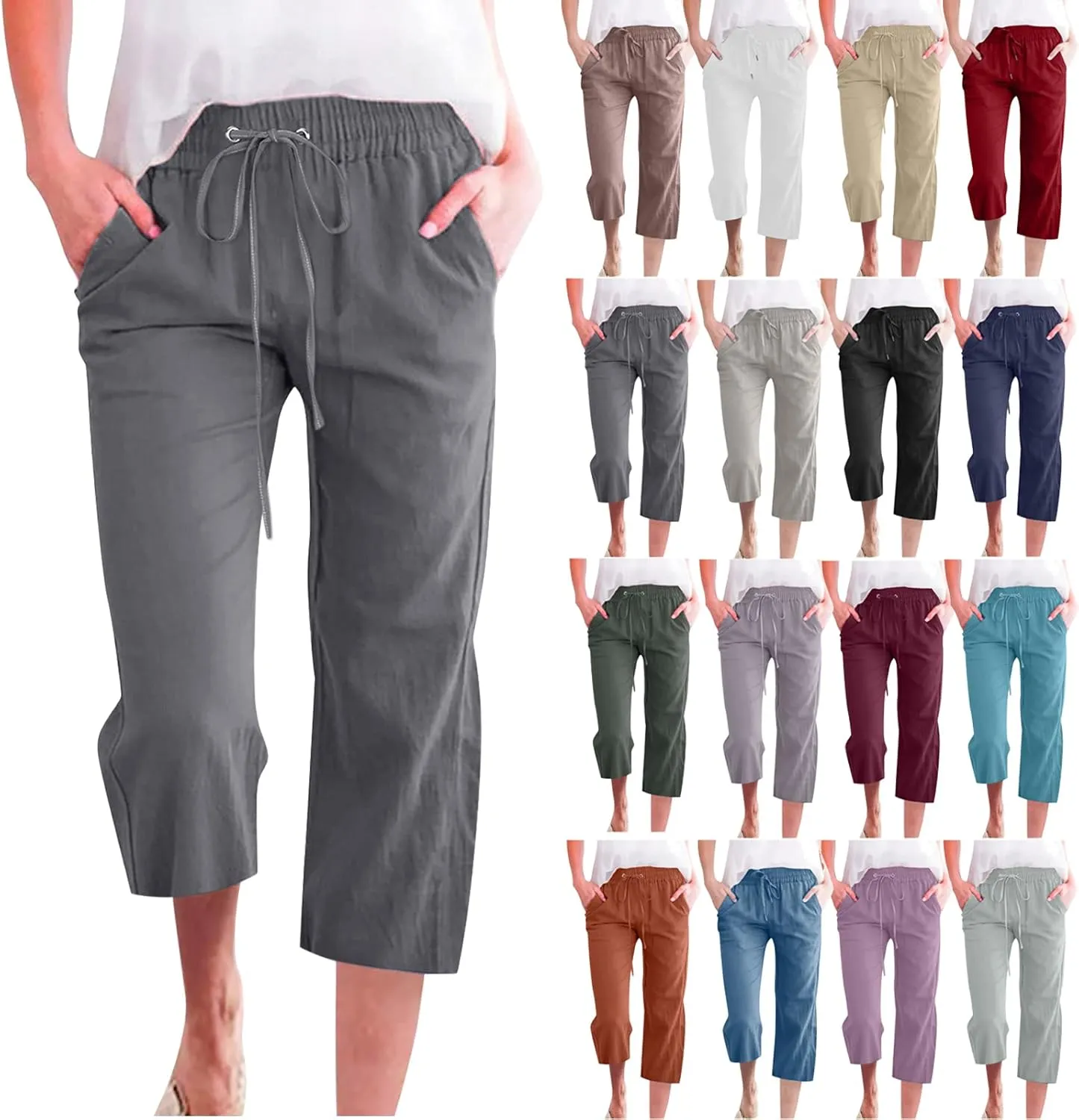 SMIDOW Capri Pants for Women Casual 2025 Summer Drawstring Elastic High Waist Linen Pant Straight Wide Leg Cropped Trouser