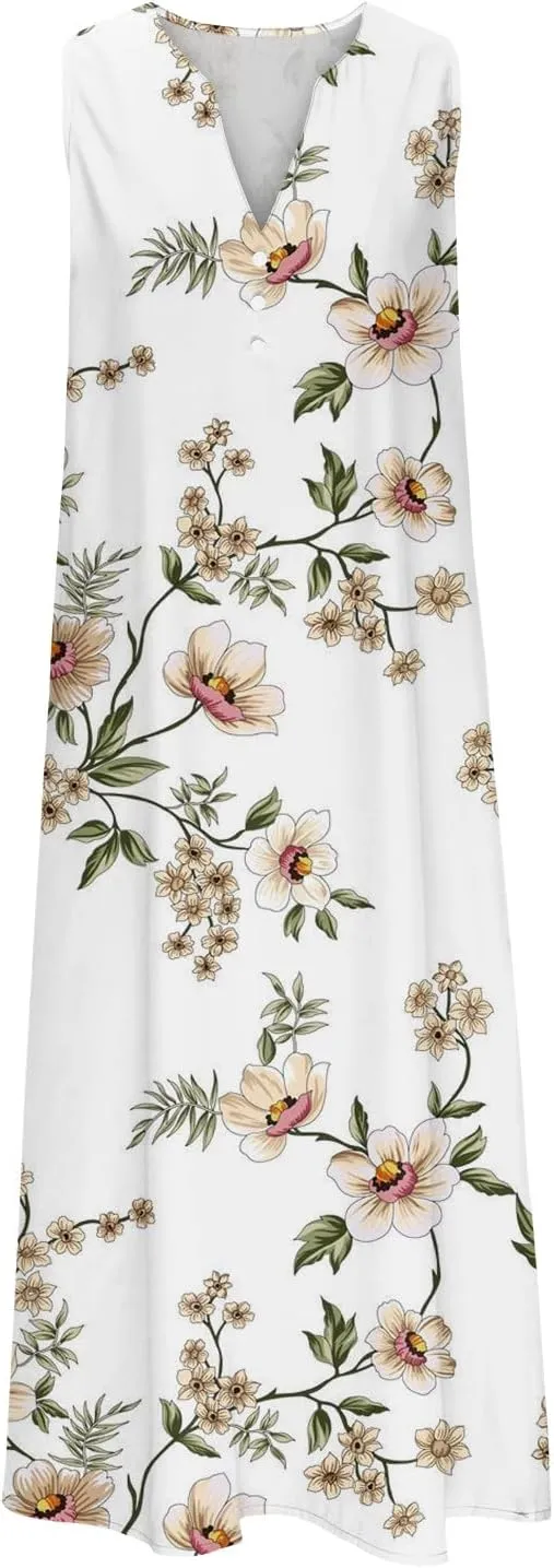 SMIDOW Womens Summer Casual Dress Fashion Floral Printed Elegant Sleeveless V-Neck Long Dress with Pockets