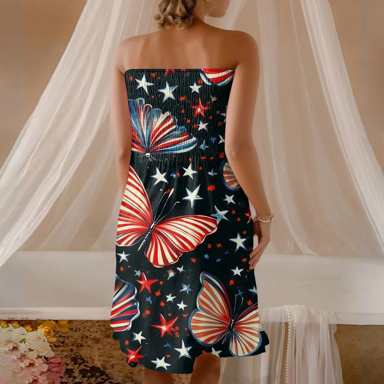 Summer Dresses for Women 2025 4th of July Shirred Tube Mini Dress Sexy Patriotic Empire Waist Sleeveless Ruffle Sundresses