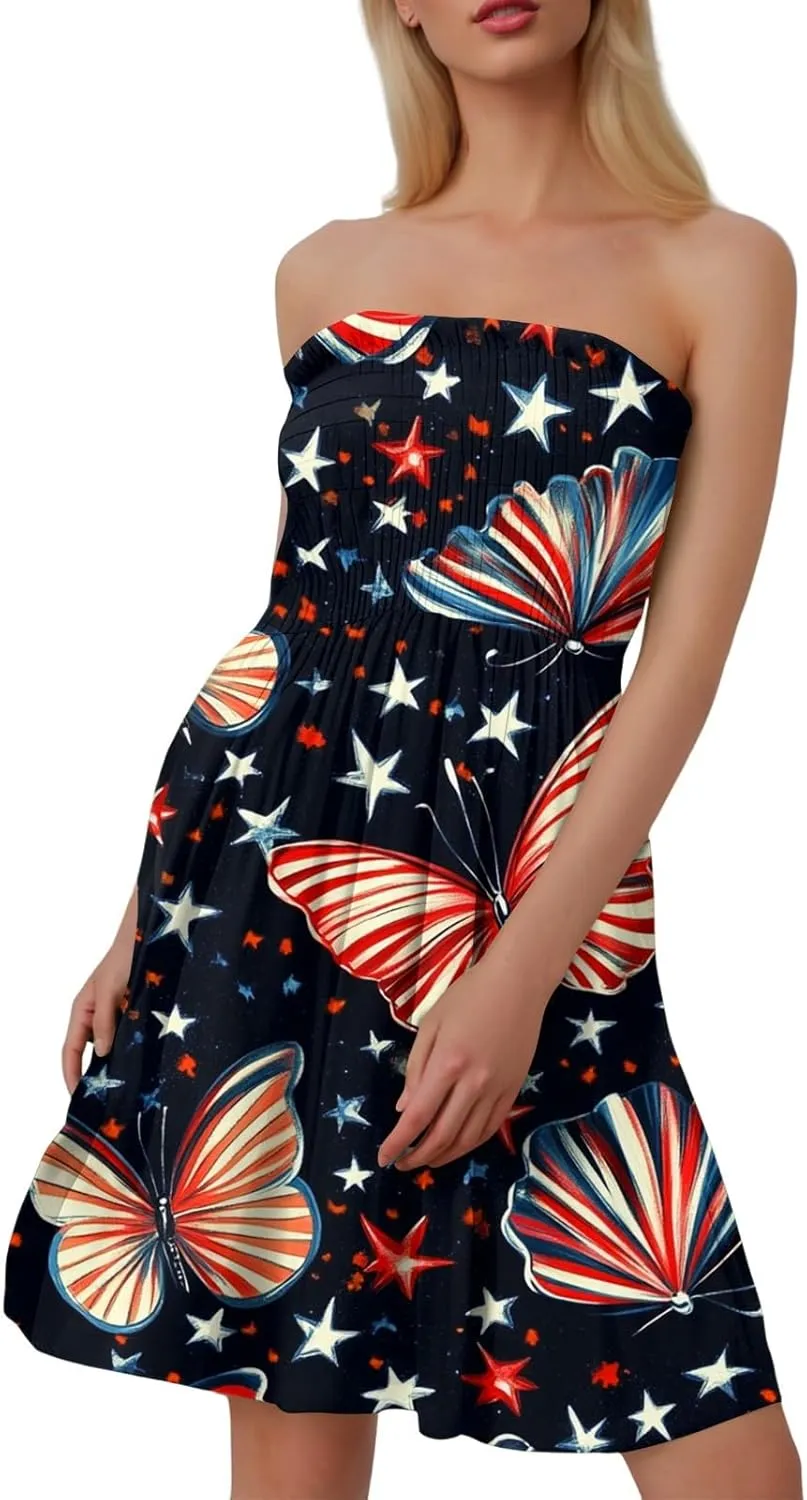 Summer Dresses for Women 2025 4th of July Shirred Tube Mini Dress Sexy Patriotic Empire Waist Sleeveless Ruffle Sundresses
