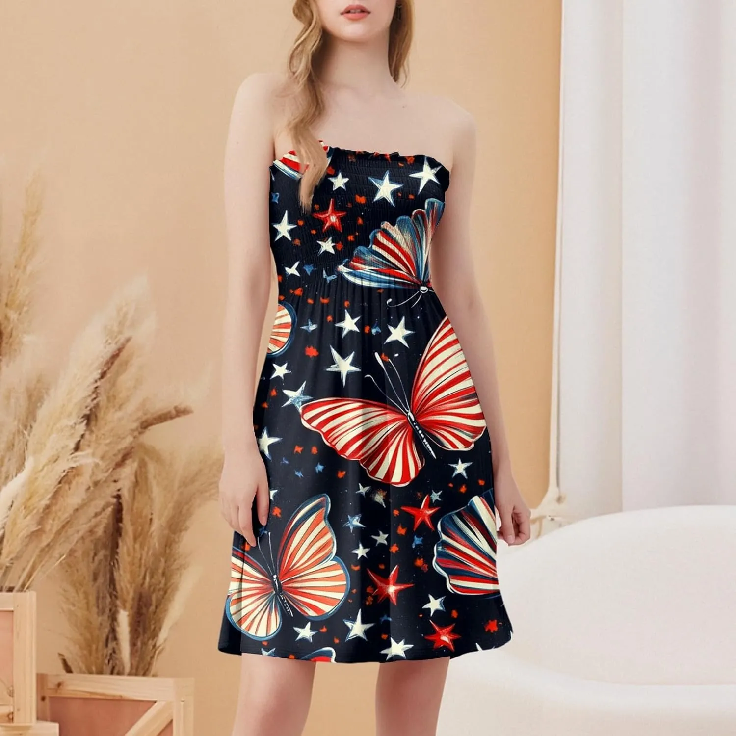 Summer Dresses for Women 2025 4th of July Shirred Tube Mini Dress Sexy Patriotic Empire Waist Sleeveless Ruffle Sundresses