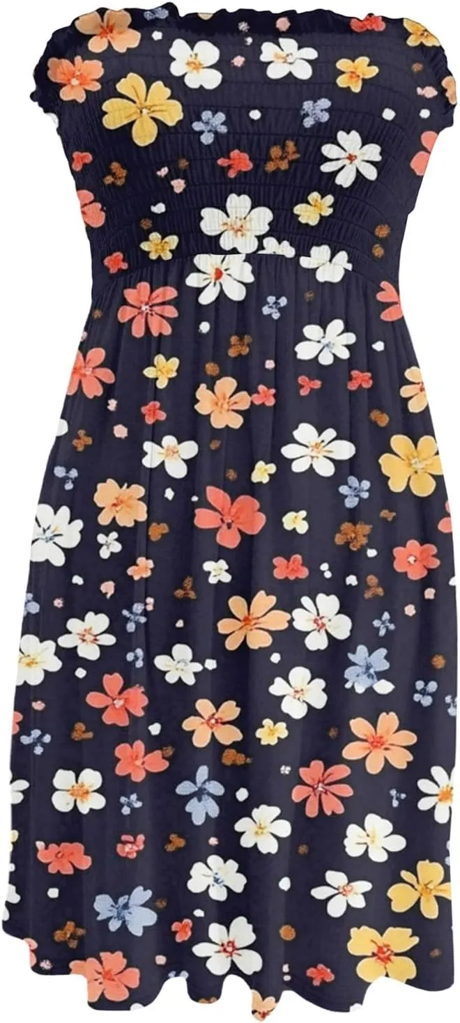 Summer Dresses for Women 2025 Classy Floral Smocked Tube Top Mini Dress Elegant Empire Waist Sleeveless Ruffle Sundress