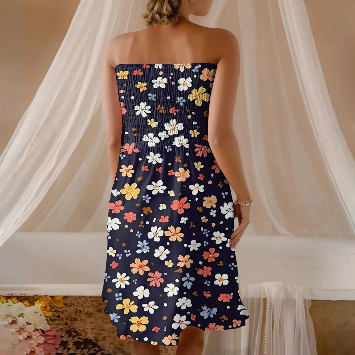 Summer Dresses for Women 2025 Classy Floral Smocked Tube Top Mini Dress Elegant Empire Waist Sleeveless Ruffle Sundress